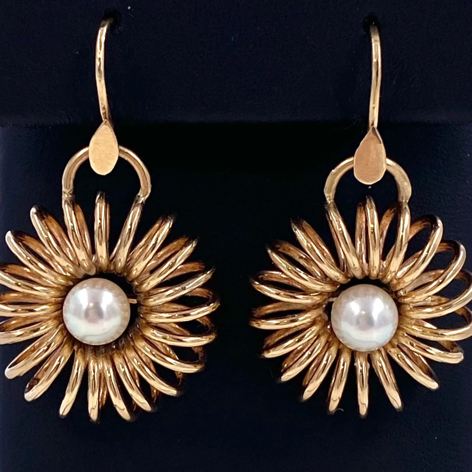 Vintage 14K Gold Wire Donut Style Pearl Dangle Earrings