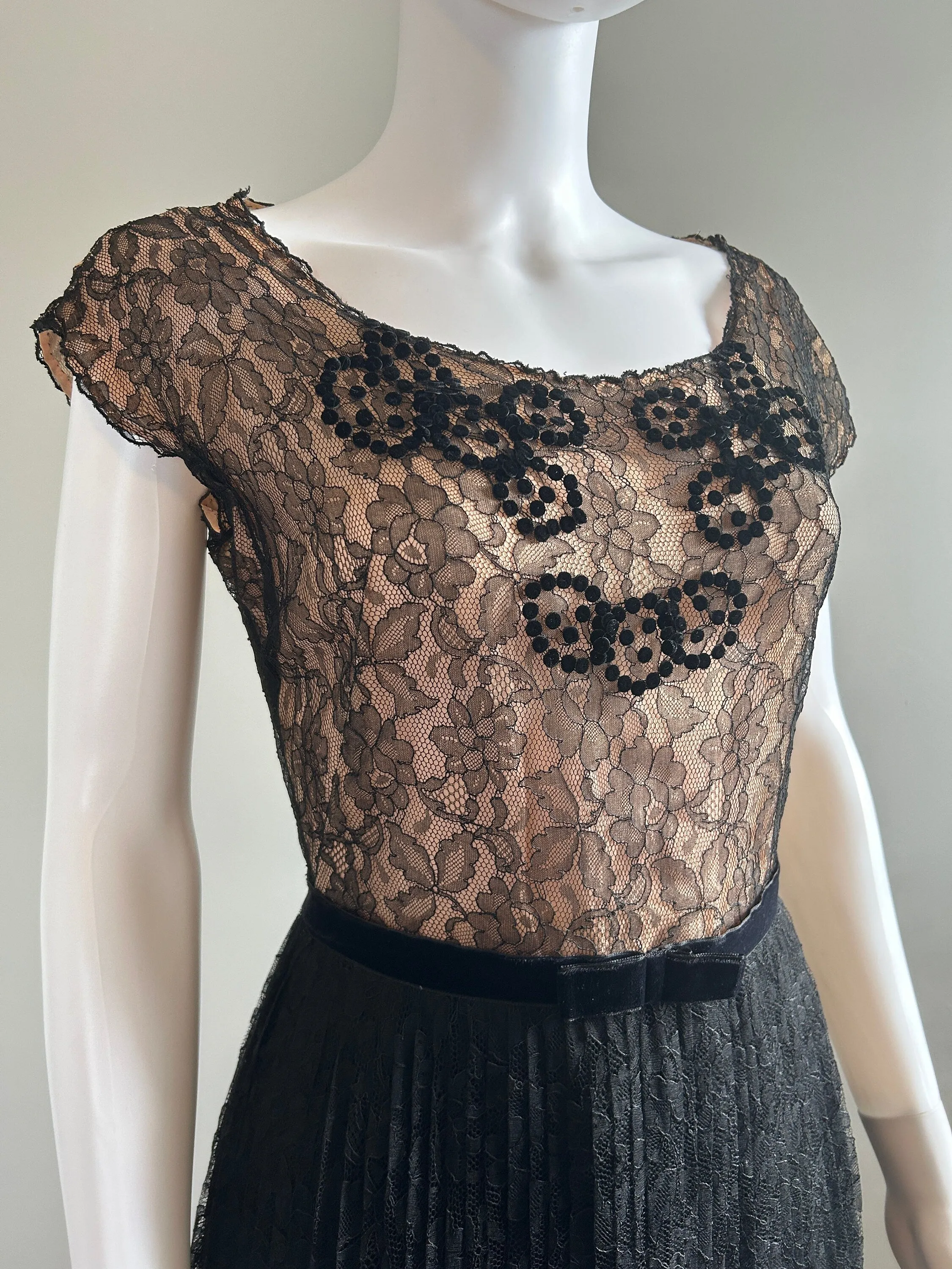 Vintage 1950s Black Lace Illusion Party Dress / 50s retro fit and flare dress / Size S