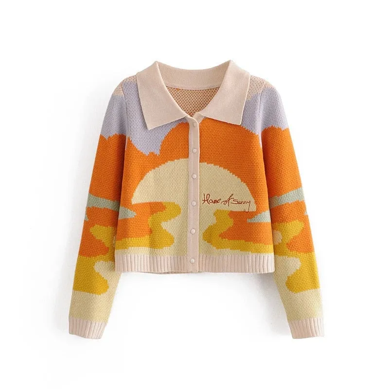 Vintage French Style Sunshine Print  Knitted Cardigan