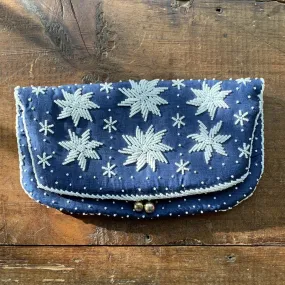 Vintage Navy Blue Clutch with White Beading in a Floral Pattern by Saks Fifth Avenue.