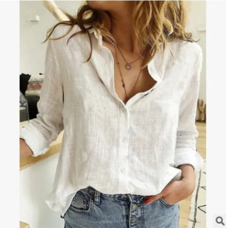 Women Casual Cotton Linen Loose Shirt Vintage Long Sleeve Button Up Shirts