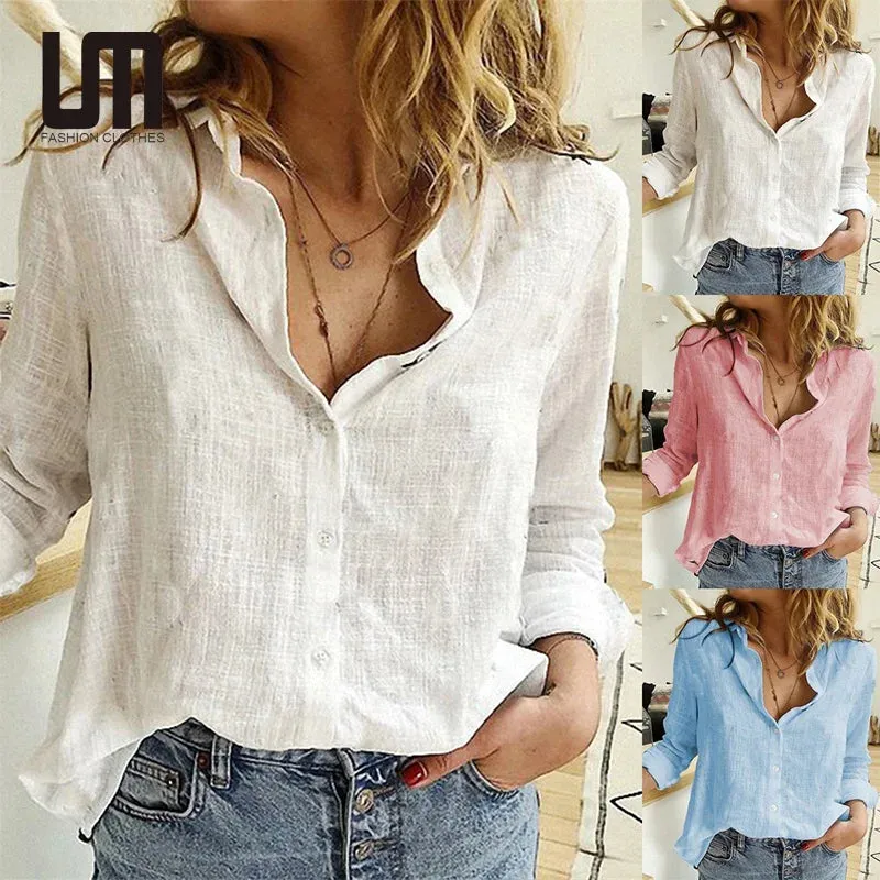 Women Casual Cotton Linen Loose Shirt Vintage Long Sleeve Button Up Shirts